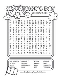 the st patrick's day word search is shown in black and white, with shamrocks on it