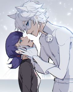 two anime characters kissing each other with snow in the background