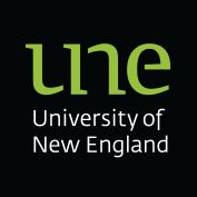 the university of new england logo on a black background with green letters that read une