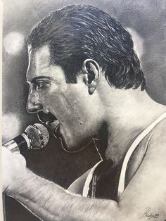 a drawing of a man singing into a microphone