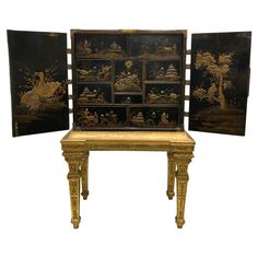 A William and Mary Gilt-Japanned Chinoiserie cabinet on gilt wood stand. The cabinet depicting Court and rural scenes, with pierced and engraved strapwork mounts and elaborate escutcheon plate with original lock and key. The interior fitted with ten drawers, depicting Court scenes, in overall very good condition, with refreshing to the lacquer, but signs of careful restoration. The interior displaying the original vibrancy of certain pigments. The renaissance carved gilt wood stand is probably D Bureau Bookcase, Painted Cupboards, Walnut Cabinets, Vintage Chinoiserie, William And Mary, Rural Scenes, Interior Display, Upper Cabinets, Louis Xiv