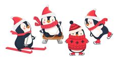 three penguins in christmas hats are riding on sleds and skates stock photo