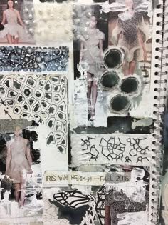 altered photograph of fashion collages and images on white paper with black dots in the middle