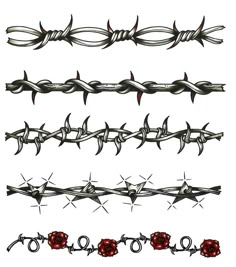 several barbed wire designs with red roses on each side and two smaller ones in the middle