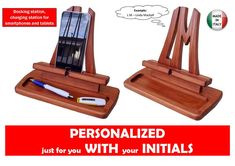 two wooden easels with pens and pencils sitting on top of each other in front of a sign that says personalized