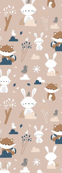 an animal themed wallpaper with rabbits and other animals on the ground in various colors