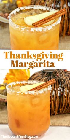 margarita with an apple and cinnamon stick garnish Thanksgiving Margarita, Thanksgiving Drinks, Tequila Drinks, Drinks Cocktails, Mixed Drinks Recipes, Cocktail Drinks Recipes, Margarita Recipe, Fall Drinks