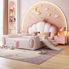 a child's bedroom decorated in pink and white with an arch shaped headboard