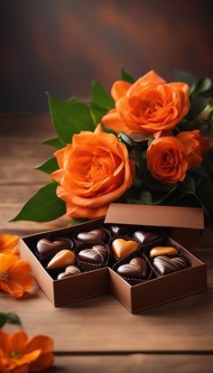 two orange roses and three chocolates in a box on a wooden table with flowers