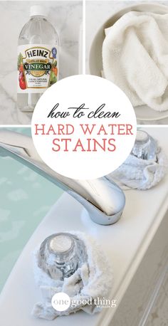 how to clean hard water stains from kitchen countertops and sink faucets with text overlay that says how to clean hard water stains