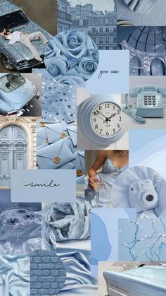 a collage of blue and white images with various things in them, including a clock