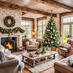 a living room filled with furniture and a christmas tree in the middle of the room