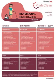 the professional house cleaning checklist is shown in red and pink colors, with an image of