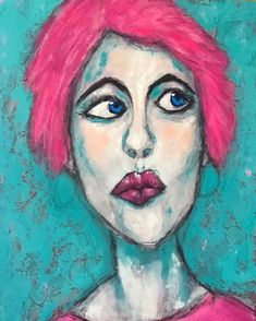 a painting of a woman with pink hair and blue eyes