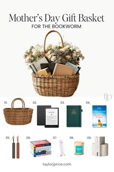 the mother's day gift basket for the bookworm is shown with books and other items