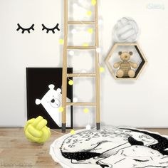 a room with a ladder, teddy bear and other items