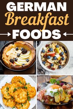 the german breakfast foods are shown in this collage with text overlaying them