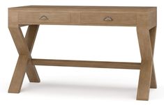 a wooden desk with two drawers on one side and an x - leg design on the other