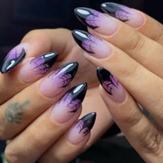 Amazon.com: Halloween Press on Nails Medium Almond - Black French Fake Nails Purple Ombre False Nails Press ons With Spider Web Design Full Cover Acrylic Nail Tips Cute Glue on Nails for Women Girl 24Pcs : Beauty & Personal Care Halloween Crop Top, Halloween Press On Nails, Nails Yellow, Purple Nail, Colorful Nails, Her Nails, Halloween Nail