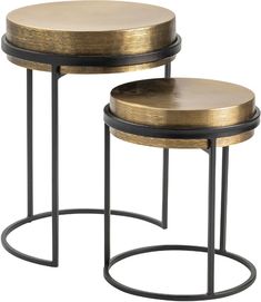 two tables with metal bases and gold colored tops, one on each side is round