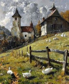 an oil painting of geese in front of a farm house and church on a cloudy day