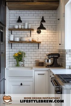 a white kitchen with open shelving above the stove