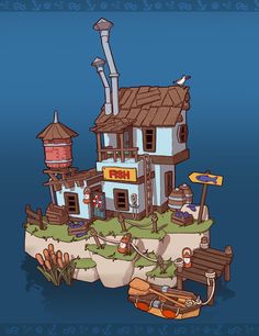 a cartoon house with an island in the middle and lots of stuff around it on top