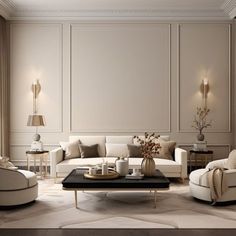 a living room filled with white furniture and walls covered in beige paneled wood panels