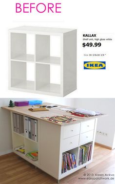 the before and after image shows how to make a bookcase