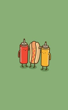 two hotdogs with mustard and ketchup on them are standing next to each other