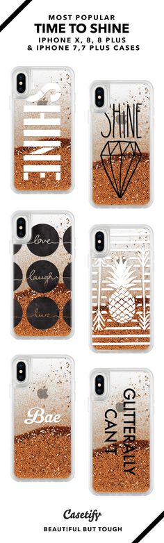 four iphone cases with different designs on them, including one that says shine and the other has