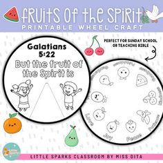 the fruits of the spirit printable wheel craft is shown in two different colors and sizes