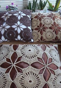 crocheted pillows are sitting on a table