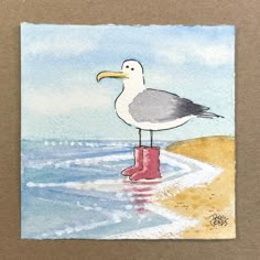 a watercolor painting of a seagull standing on a red boot in the ocean