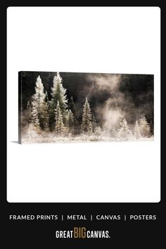 an image of trees and fog in the background with text that reads framed prints metal canvass posters great big canvass