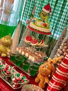 a table topped with lots of different types of desserts and candies on top of it