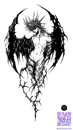 a black and white drawing of a demon