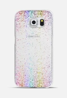 the back of a white samsung s6 phone case with multicolored glitter on it