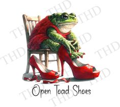 a frog sitting on top of a wooden chair next to red high heeled shoes