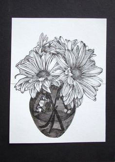 a black and white drawing of flowers in a vase