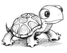 a drawing of a small turtle on the ground with its head turned to the side