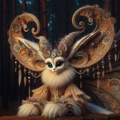 a cat dressed up like a fairy with wings and feathers on it's head