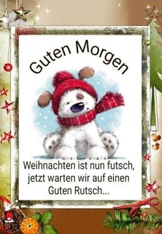 a christmas card with a teddy bear wearing a red hat, scarf and mittens