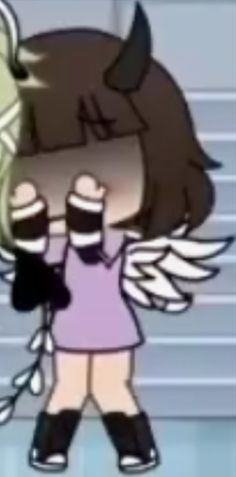 an animated girl with wings holding a tennis racquet in front of her face