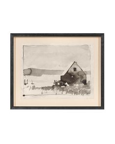 a black and white drawing of a barn in the distance with watercolors on paper