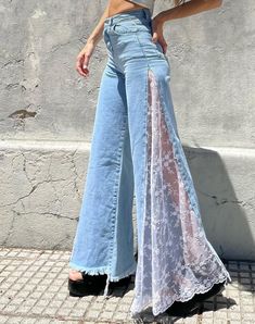 Upcycled Womens Clothing, Thrifted Outfits Aesthetic Summer, Jeans Makeover Diy, Fashion Inspo Outfits 2024 Summer, Lacy Aesthetic, Lacy Outfits, Thrift Upcycle Clothes, Homemade Clothes, Jeans With Lace