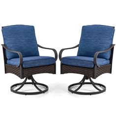 two chairs with blue cushions sitting next to each other on top of a white background