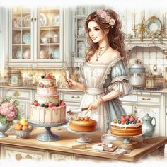 a painting of a woman standing in front of a cake