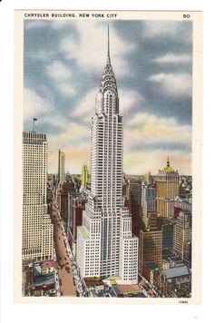 the chrysler building in new york city, ny from an old postcard that is now on display