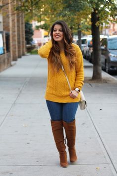 Mustard Yellow Fall Outfits, Yellow Pullover Outfit, Mustard Sweater Outfit Fall, Mustard Yellow Sweater Outfit, Gold Sweater Outfit, Mustard Sweater Outfit, Sunflower Palette, Yellow Sweater Outfit, Brown Over The Knee Boots